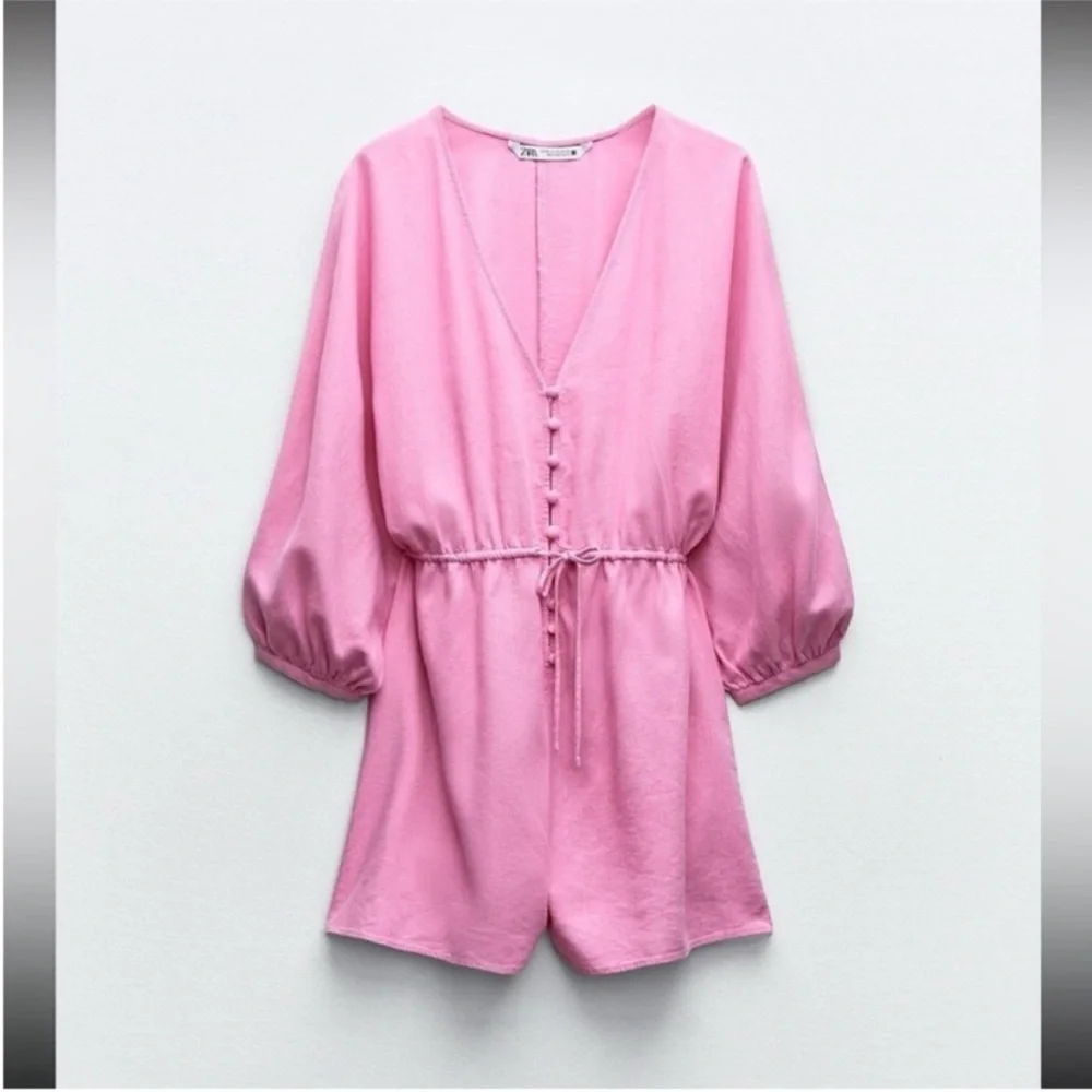 Zara, pink, linen blend short jumpsuit, Size Medium